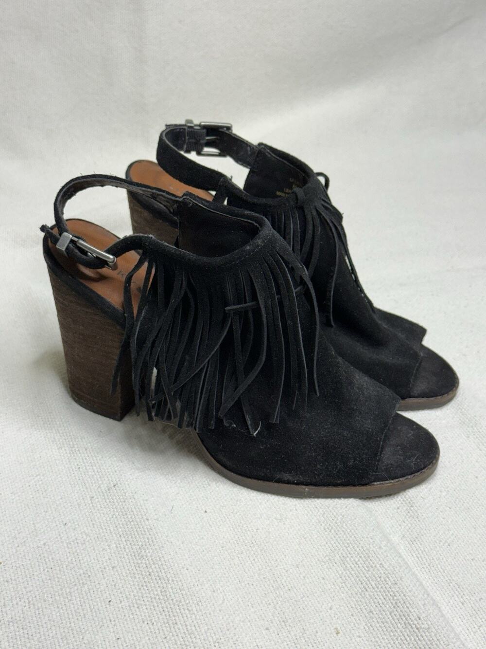 Lucky Brand Womens Liennah Bootie Black Suede Fringe Peep Toe US 8 EU 38